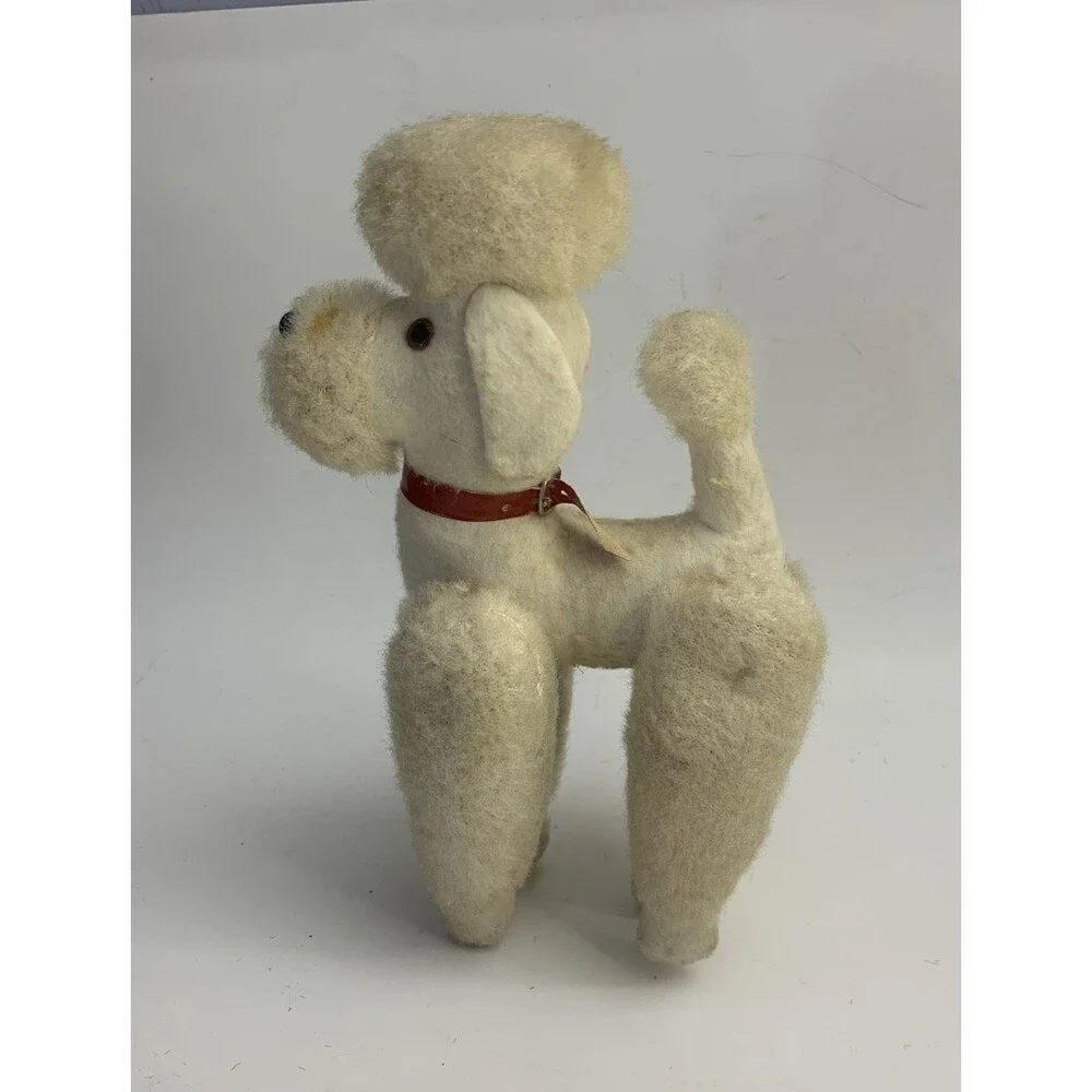 Vintage White Jointed Poodle Dog Plush Red Collar Animal Made in Japan 1966